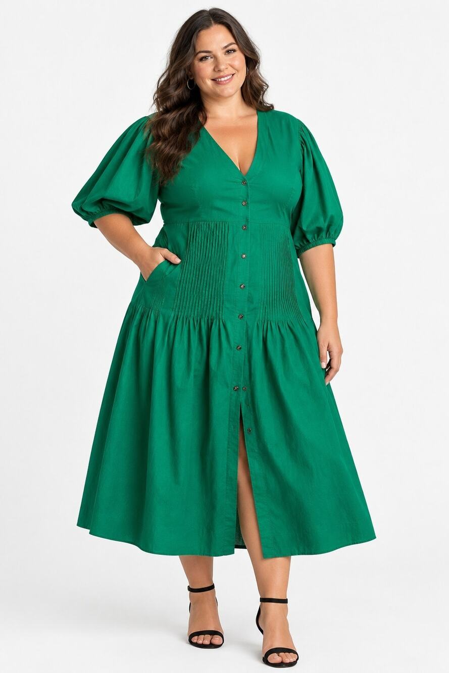 ANTHROPOLOGIE Maeve Women's Plus 1X Midi Dress Green Pintuck Puff Sleeve Cotton